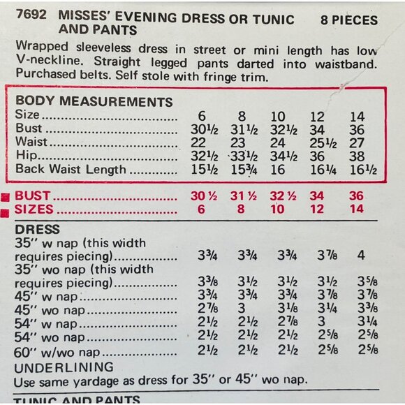 1960s Wrap Dress Tunic Pants Stole Vogue 7692 Size 10 B 32.5 Uncut - Picture 5 of 7